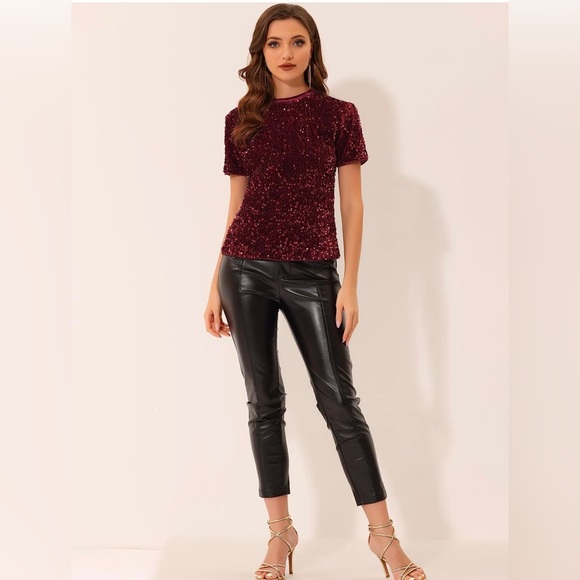 Allegra K Velvet Sequin Short Sleeve Top, XS - Picture 5 of 7